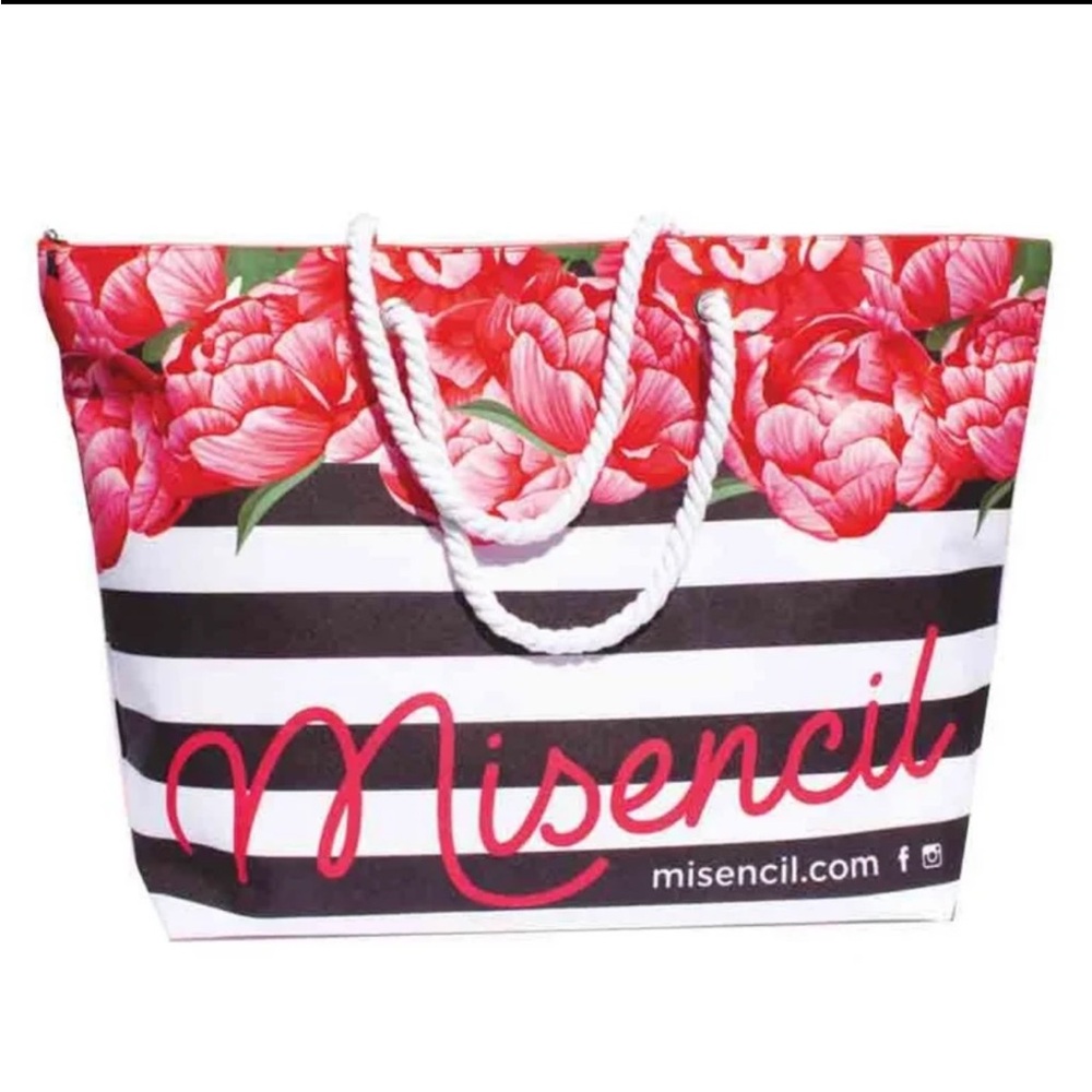 LARGE CANVAS FLORAL & STRIPPED BEACH BAG FROM MISENCIL NWOT ROOMY FUNCTIONAL